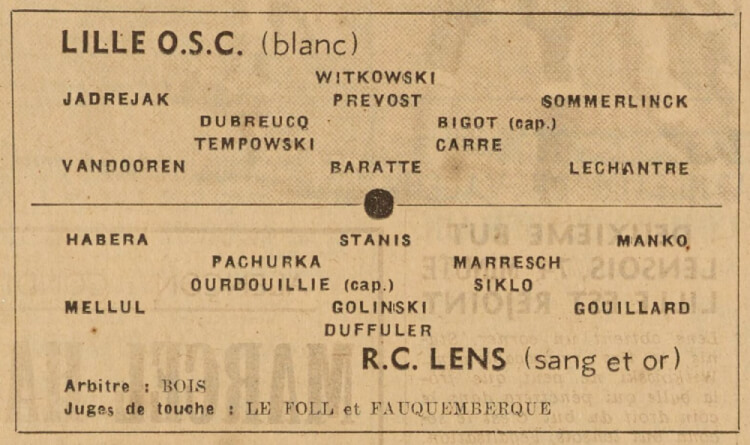Composition du match Lille Lens en 1948