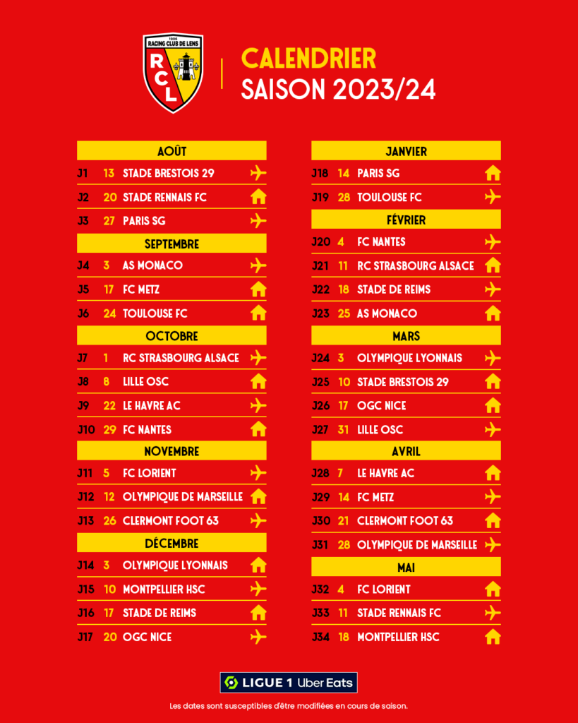 Calendrier du RC Lens saison 2023 2024