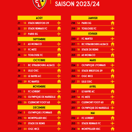 Calendrier du RC Lens saison 2023 2024